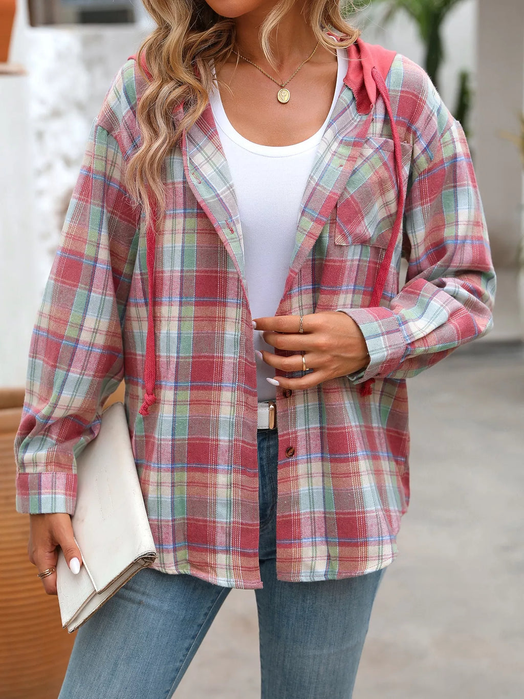Plaid Button-Up Hooded Shirt with Chest Pocket | STAHlin RADIANCE