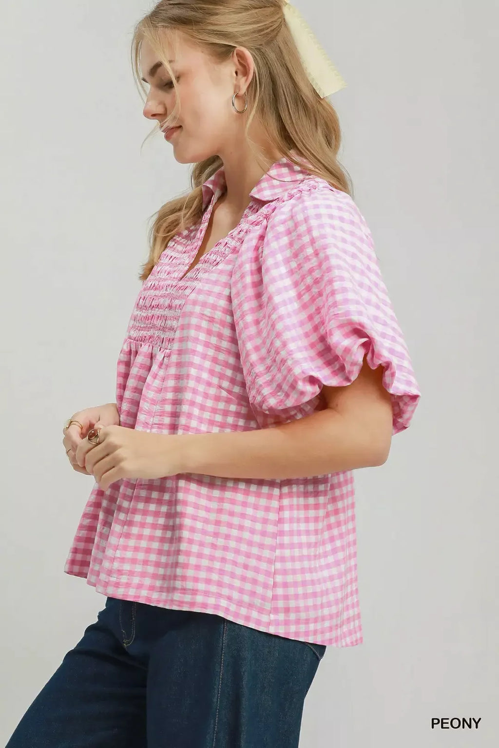 Umgee Smocked Yoke Puff Sleeve Gingham Blouse | STAHlin RADIANCE