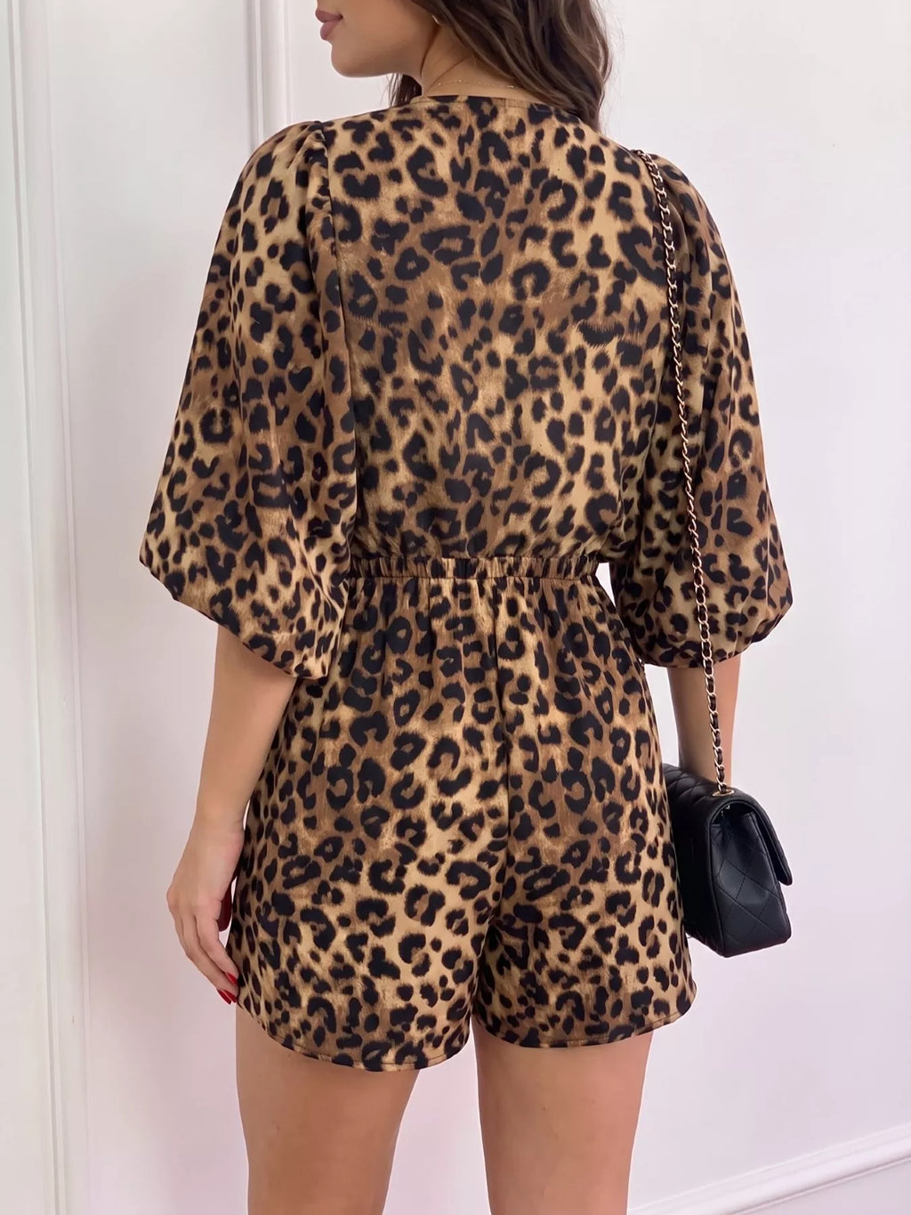 V-Neck Leopard Print Puff Sleeve Romper | STAHlin RADIANCE