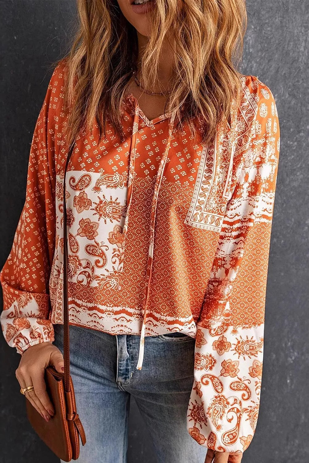 Full Size Paisley Print Tie-Neck Long Sleeve Blouse Plus Size | STAHlin RADIANCE