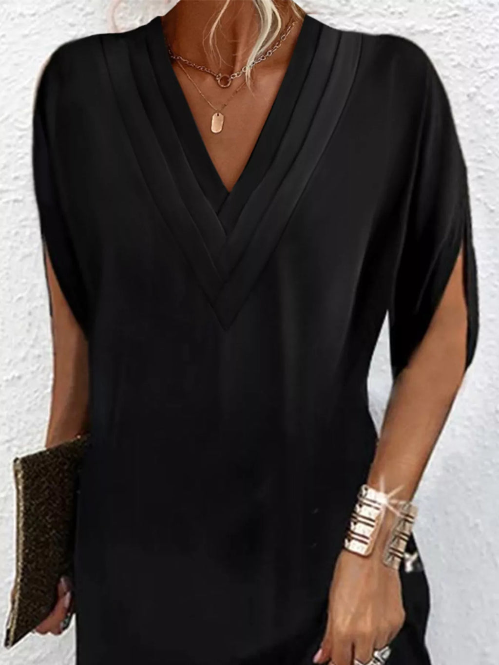Full Size V-Neck Slit Sleeve Mini Dress Plus Size | STAHlin RADIANCE