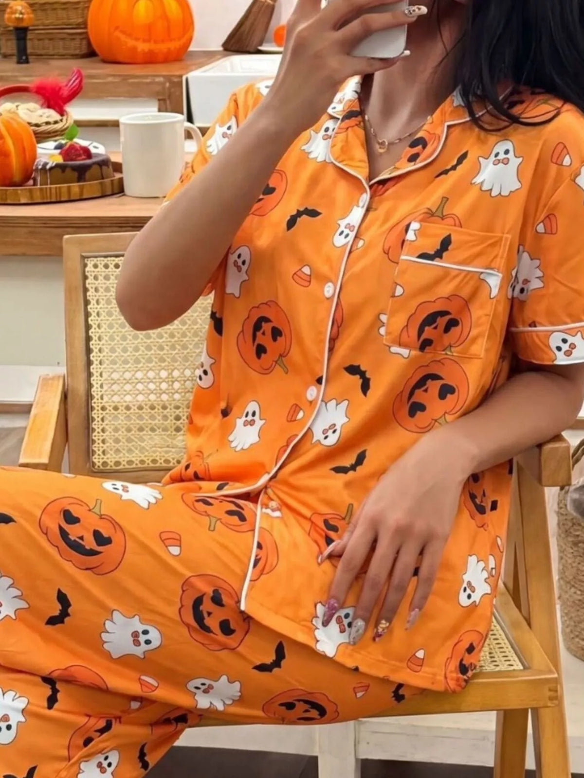 Halloween Pumpkin Print Button-Down Top and Pants Set | STAHlin RADIANCE