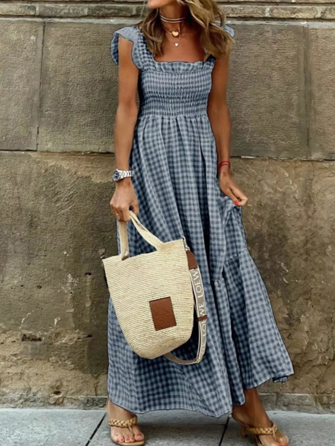 Full Size Gingham Smocked Ruffle Maxi Dress Plus Size | STAHlin RADIANCE