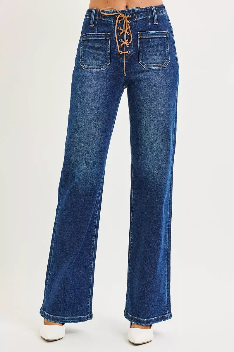 RISEN Full Size High Rise Wide Leg Jeans with Front Tie Detail Plus Size | STAHlin RADIANCE