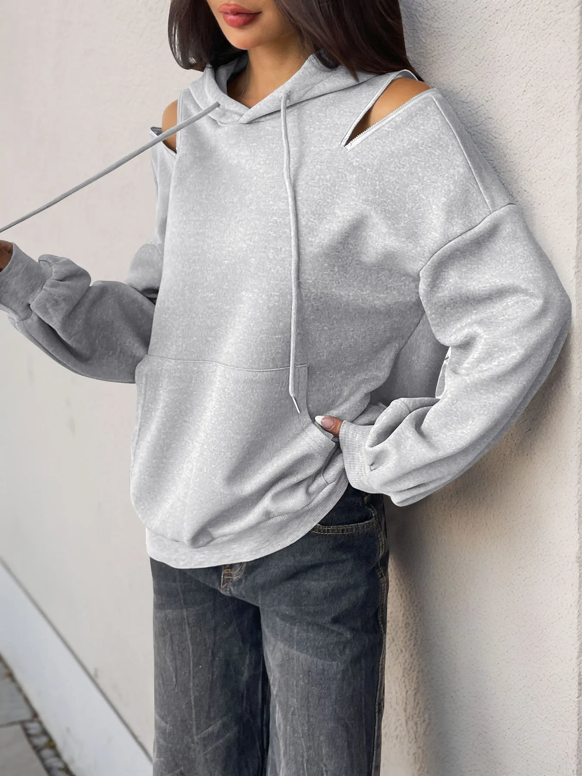 Drawstring Zip Detail Cold Shoulder Hoodie | STAHlin RADIANCE