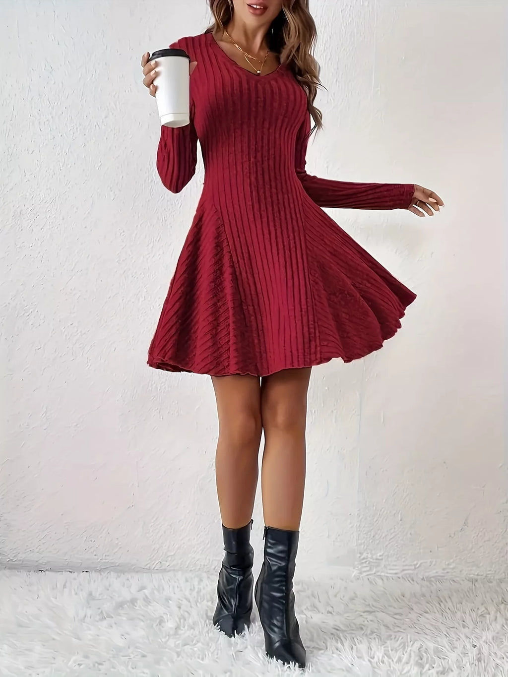 V-Neck Ribbed Knit Flared Knit Dress | STAHlin RADIANCE