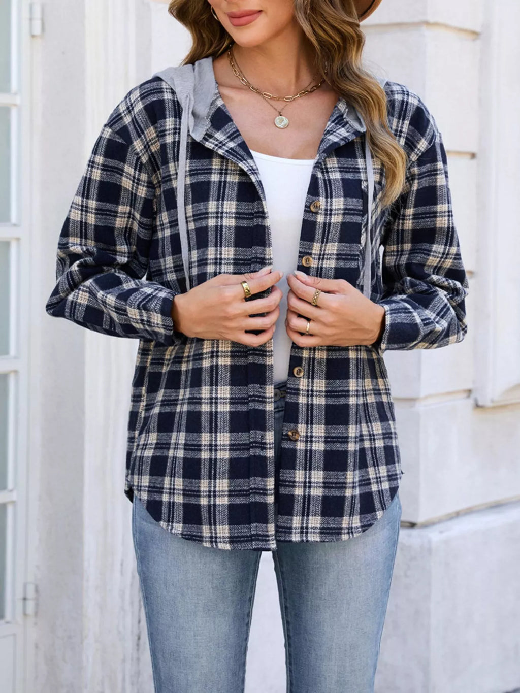 Hooded Plaid Button-Up Shacket | STAHlin RADIANCE