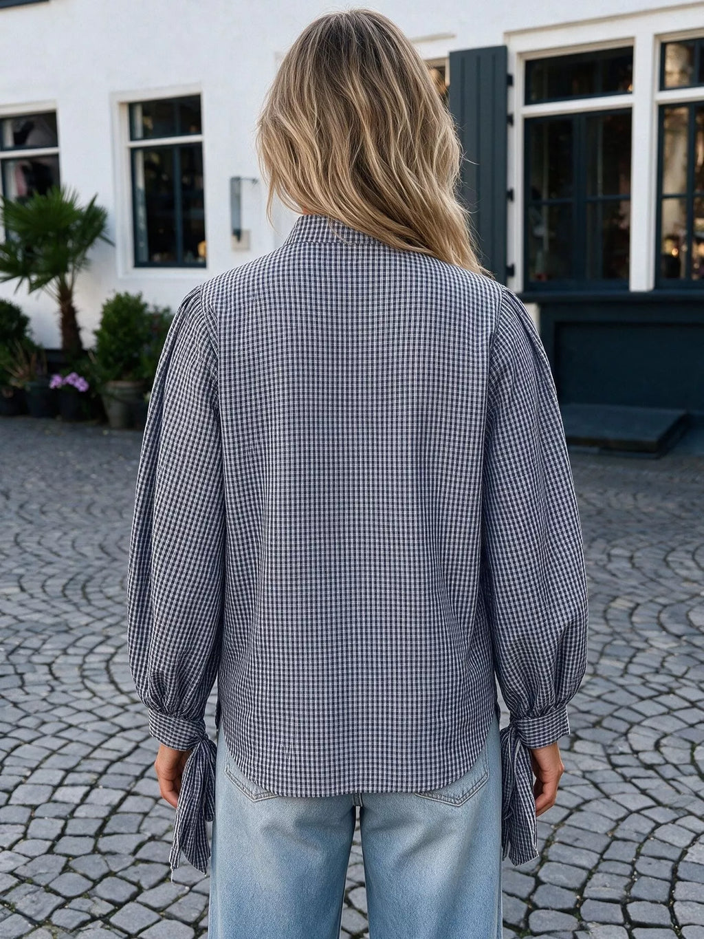 Gingham Button Up Shirt with Tie-Sleeve Detail | STAHlin RADIANCE