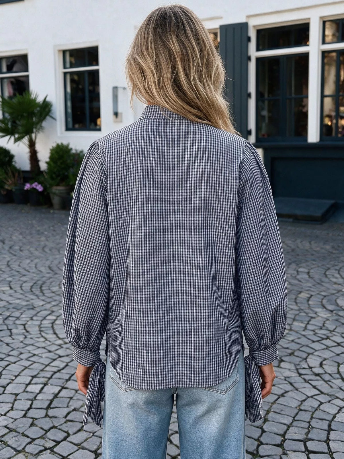 Gingham Button Up Shirt with Tie-Sleeve Detail | STAHlin RADIANCE