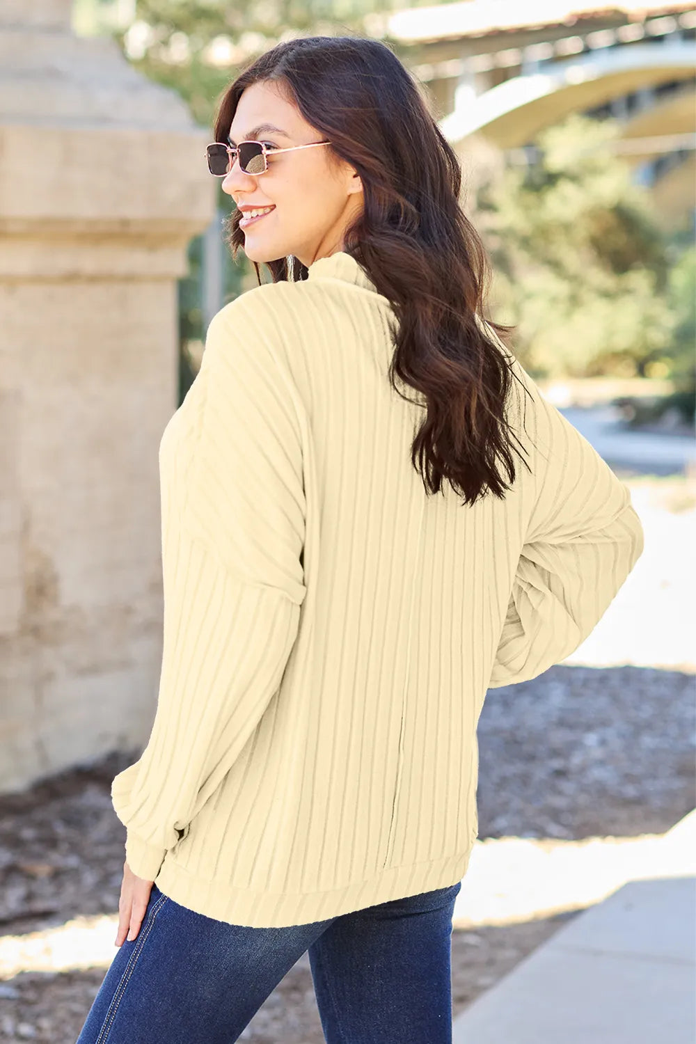 Basic Bae Full Size Ribbed Exposed Seam Mock Neck Knit Top | STAHlin RADIANCE