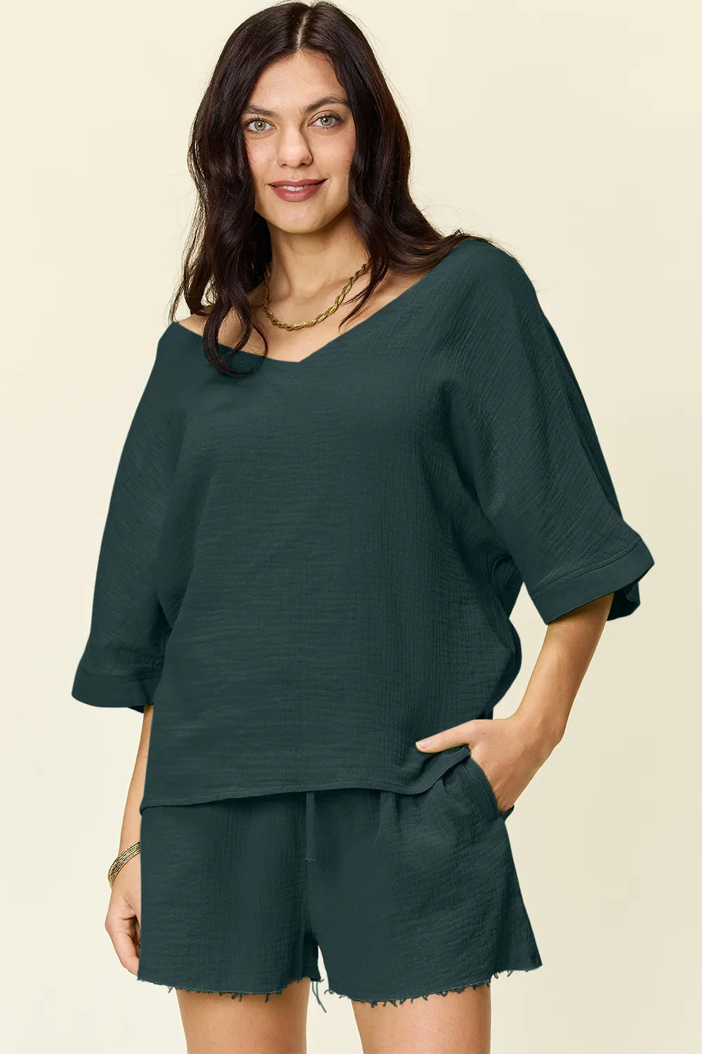 Double Take Texture Half Sleeve T-Shirt and Drawstring Shorts Set | STAHlin RADIANCE