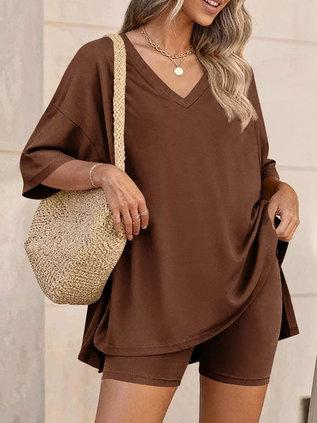Full Size Casual Loose V-Neck T-Shirt & Shorts Set Plus Size | STAHlin RADIANCE