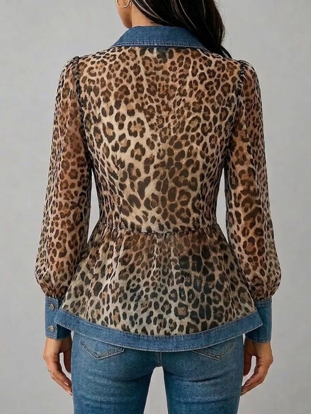 Full Size Leopard Print Blouse with Denim Contrast Trim Plus Size | STAHlin RADIANCE