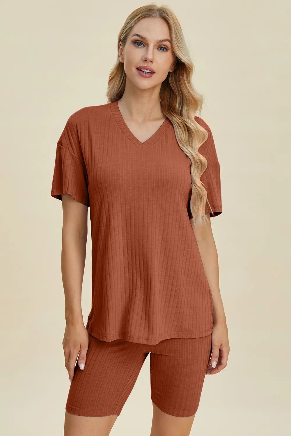 Basic Bae Full Size Ribbed V-Neck Short Sleeve Top and Shorts Set | STAHlin RADIANCE