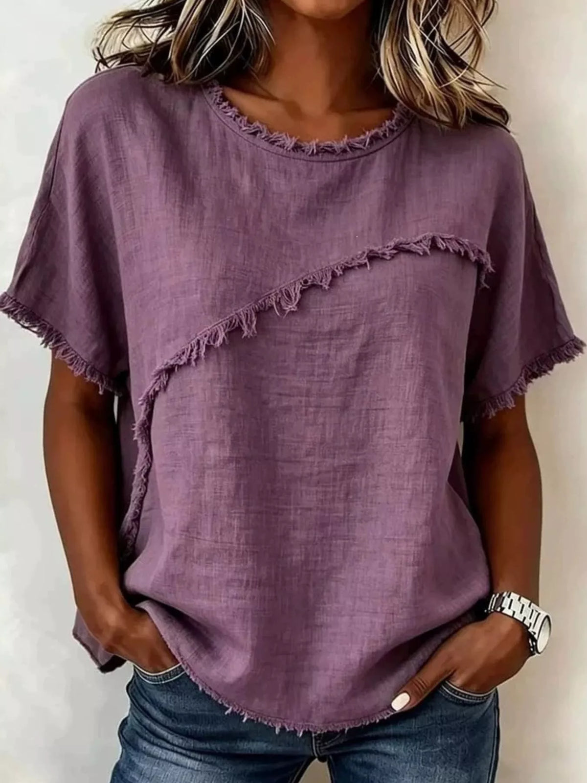 Full Size Frayed Hem Short Sleeve Top Plus Size | STAHlin RADIANCE