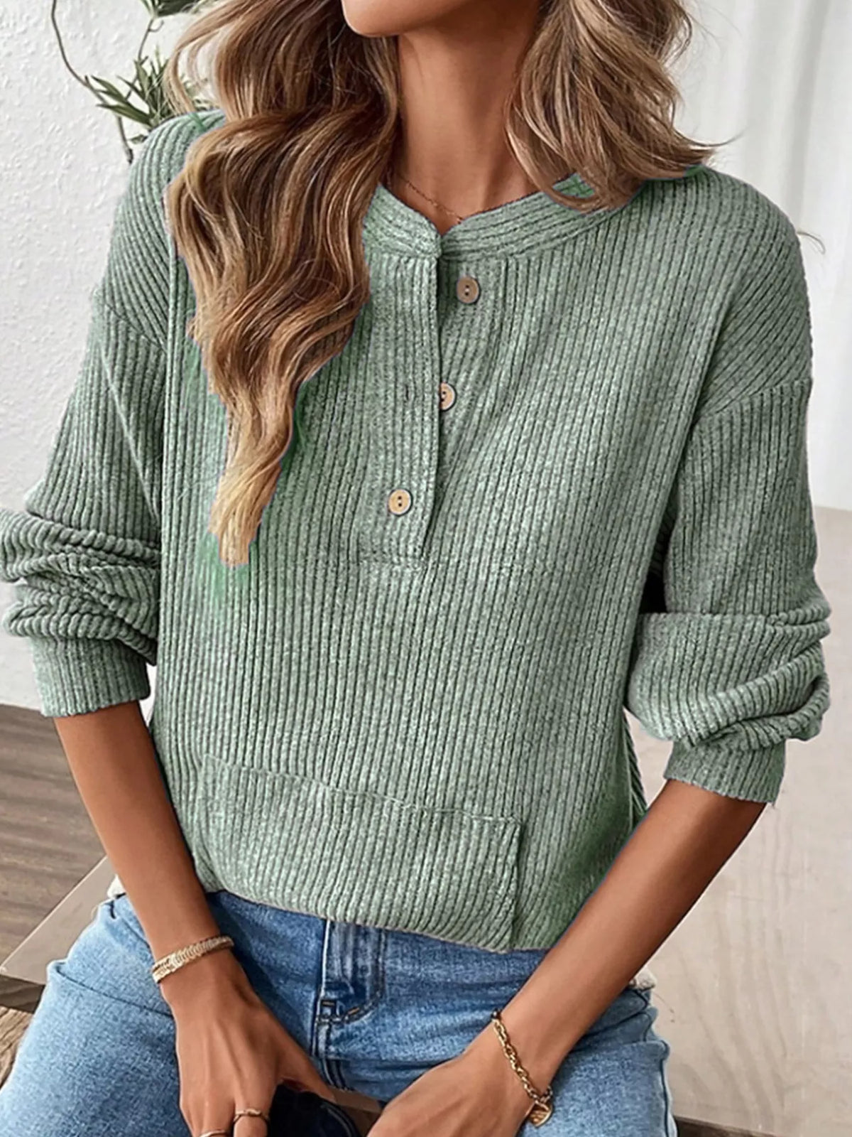 Ribbed Button Detail Long Sleeve T-Shirt | STAHlin RADIANCE