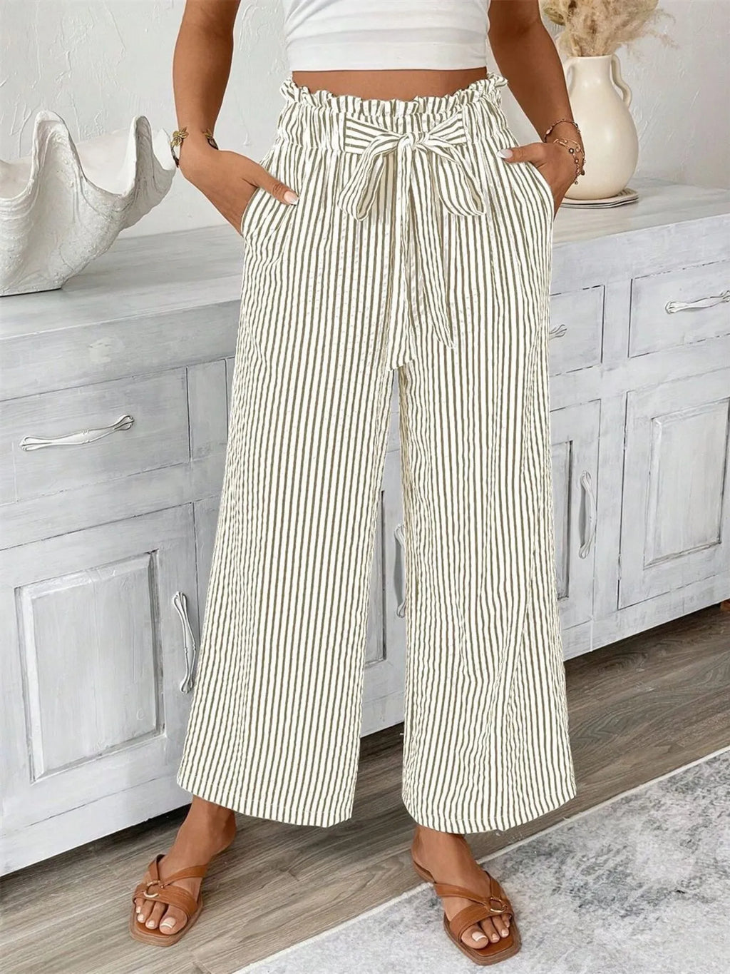 Full Size Striped Wide Leg Paper Bag Pants Plus Size | STAHlin RADIANCE