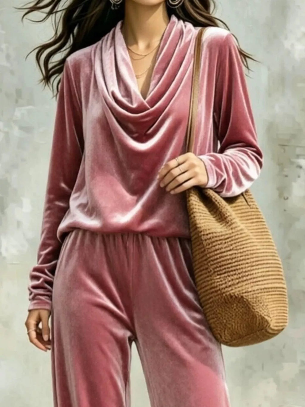 Full Size Velvet Cowl Neck Long Sleeve Top and Pants Set Plus Size | STAHlin RADIANCE
