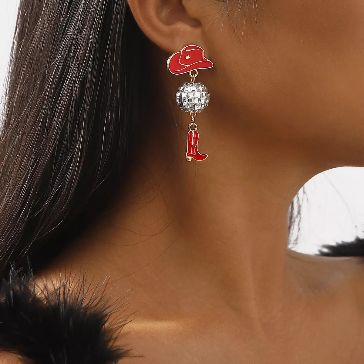 Asymmetrical Cowgirl Boot Hat Ball Dangle Earrings | STAHlin RADIANCE