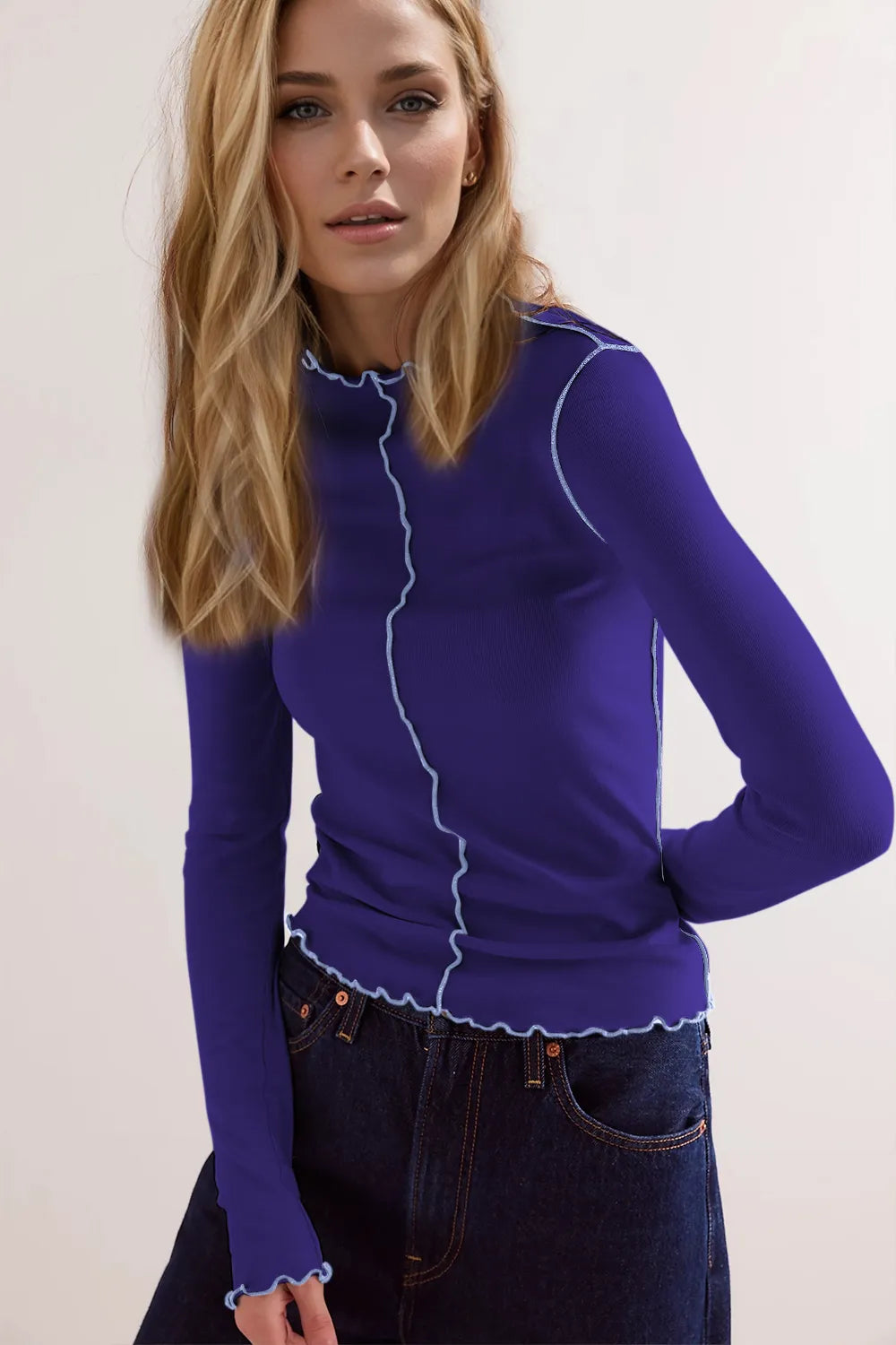 Basic Bae Wavy Lettuce Trim Contrast Stitching Long Sleeve Mock Neck Slim Fit Casual Top | STAHlin RADIANCE