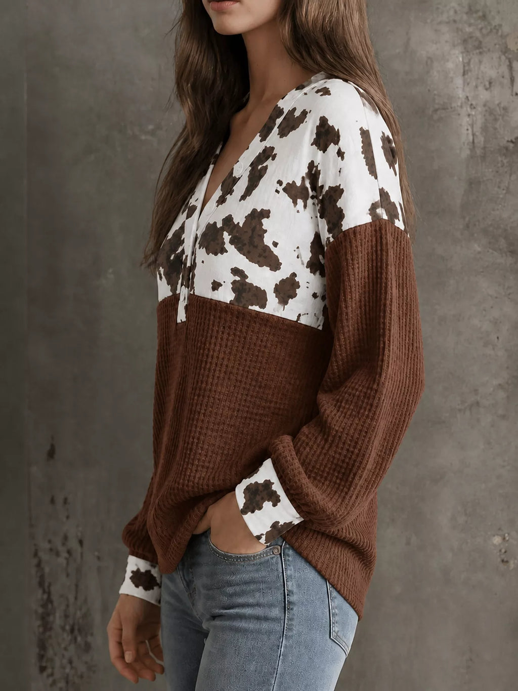 Cow Print Color Block Waffle Knit Blouse | STAHlin RADIANCE