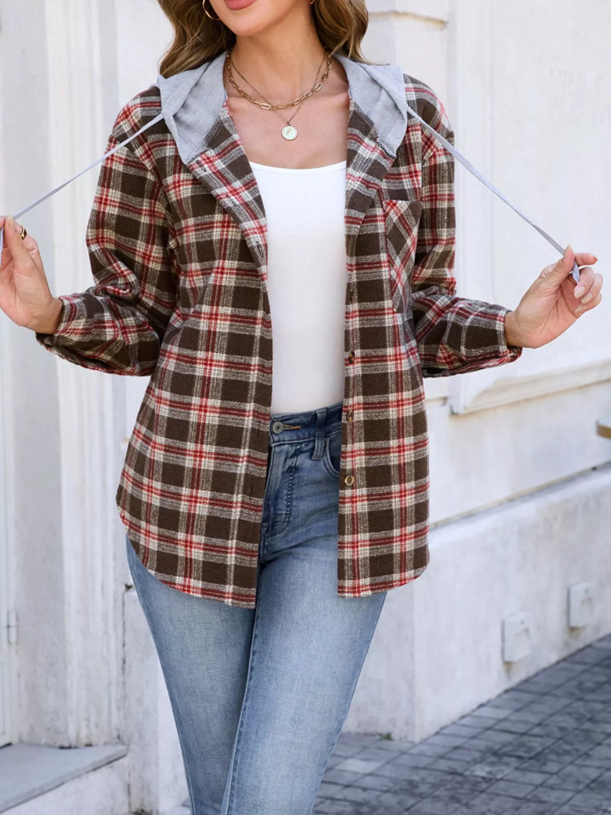 Hooded Plaid Button-Up Shacket | STAHlin RADIANCE