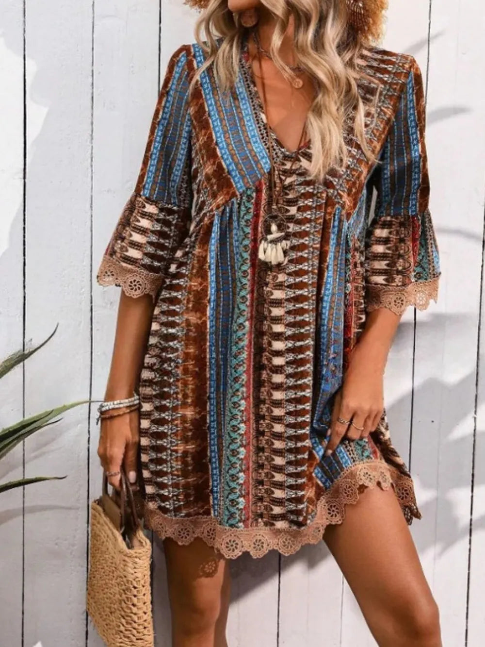 Lace Trim Printed V-Neck 3/4 Sleeve Dress | STAHlin RADIANCE