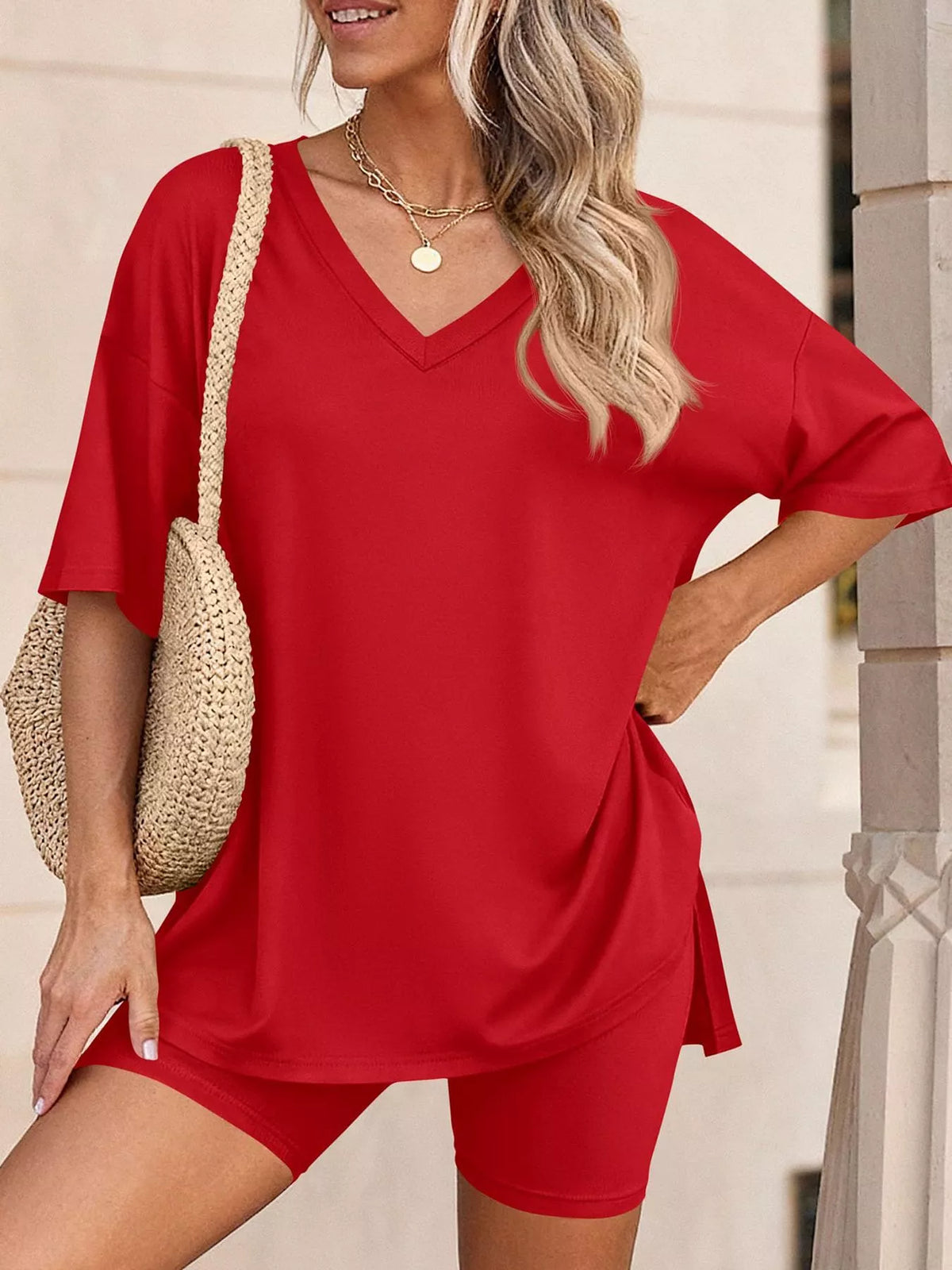 Full Size Casual Loose V-Neck T-Shirt & Shorts Set Plus Size | STAHlin RADIANCE
