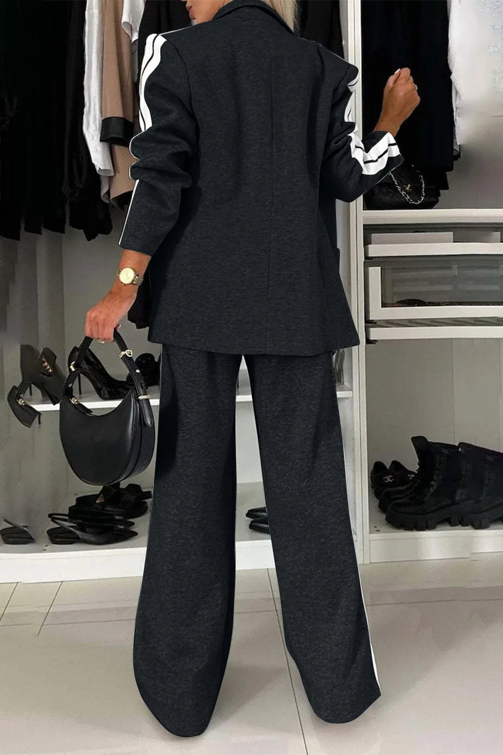 Full Size Contrast Lapel Collar Top and Pants Set | STAHlin RADIANCE