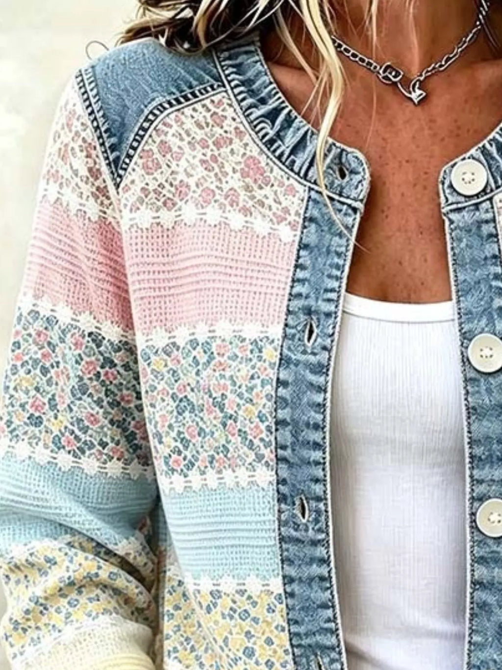 Full Size Floral Patchwork Denim Trim Jacket Plus Size | STAHlin RADIANCE