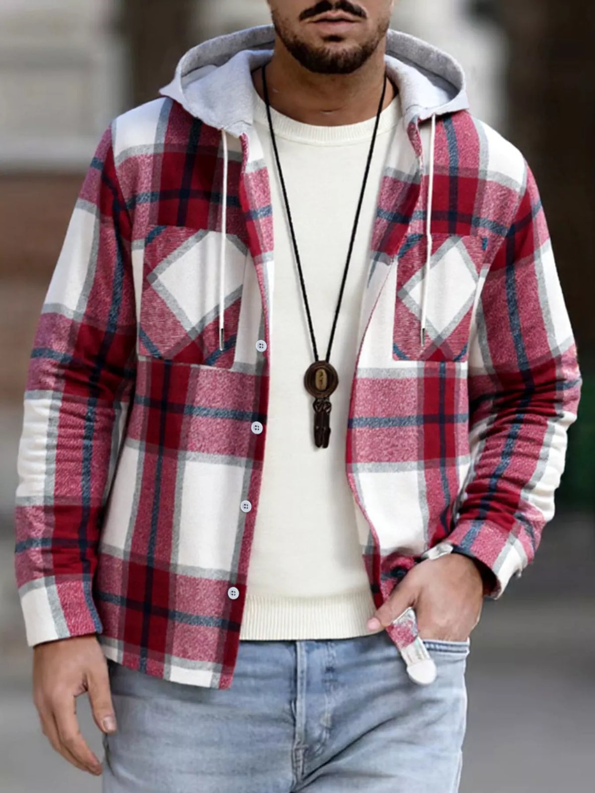Men's Full Size Casual Plaid Hooded Shacket with Dual Chest Pockets Plus Size | STAHlin RADIANCE