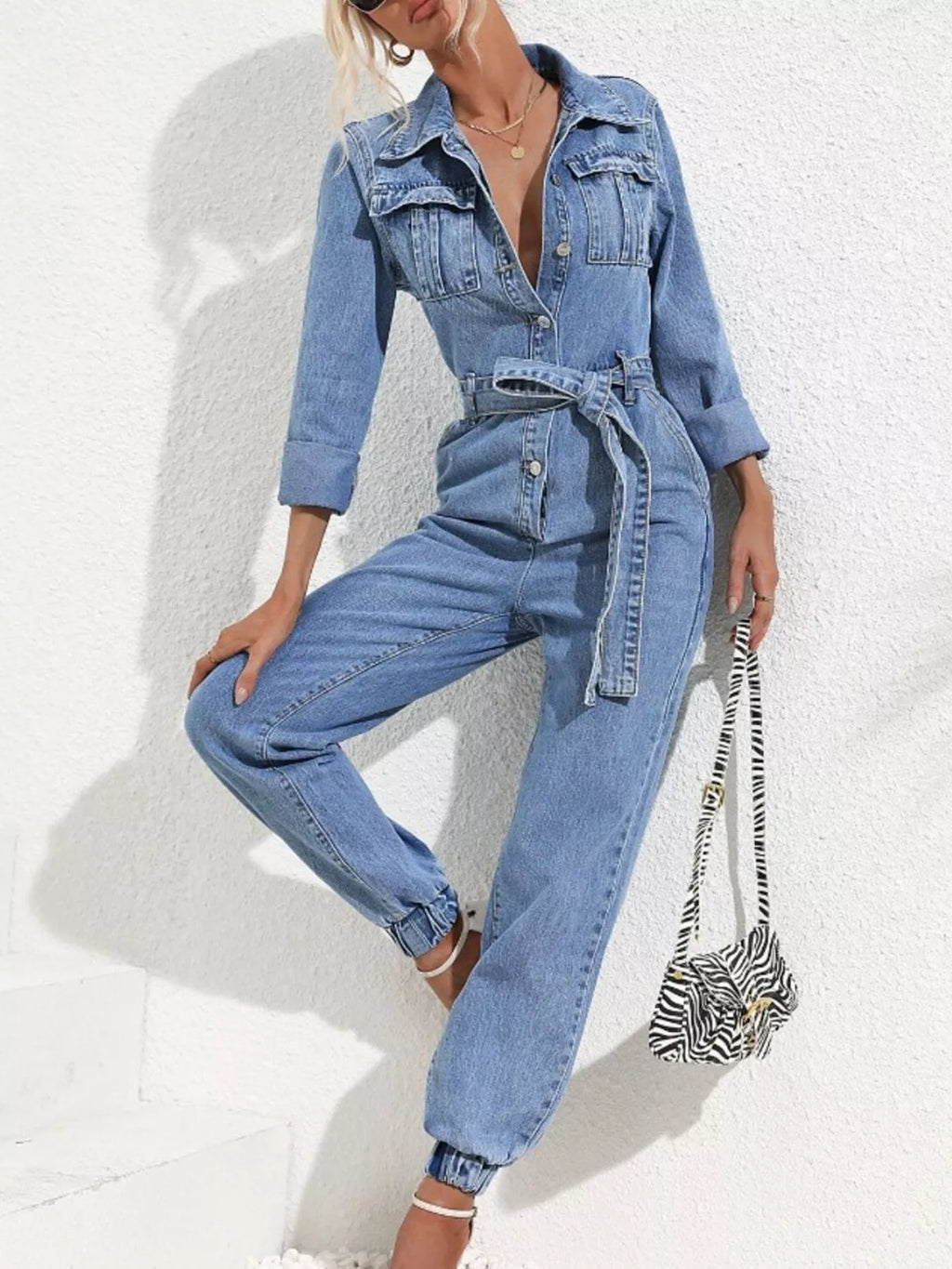 Long Sleeve Button-Up Denim Jumpsuit with Belted Waist and Elastic Cuffs | STAHlin RADIANCE