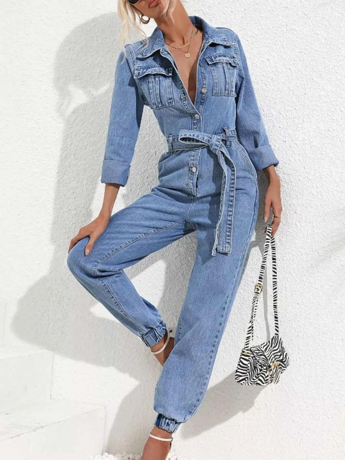 Long Sleeve Button-Up Denim Jumpsuit with Belted Waist and Elastic Cuffs | STAHlin RADIANCE