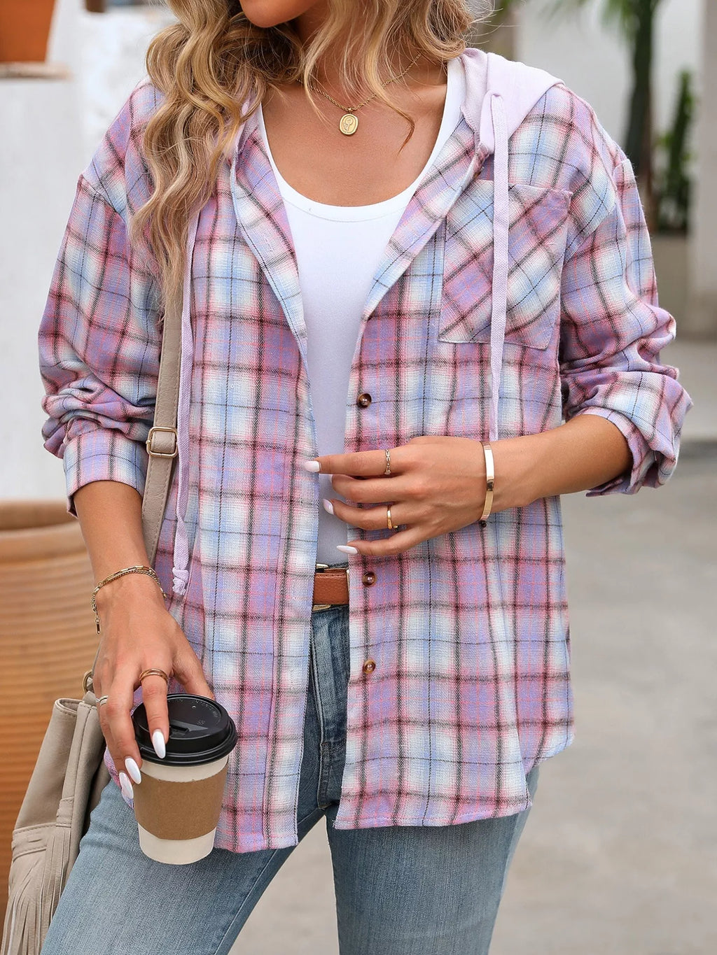 Plaid Button-Up Hooded Shirt with Chest Pocket | STAHlin RADIANCE