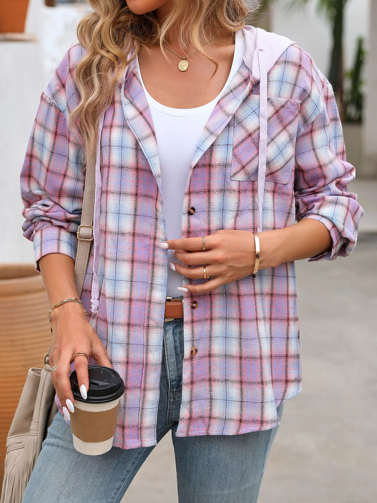 Plaid Button-Up Hooded Shirt with Chest Pocket | STAHlin RADIANCE
