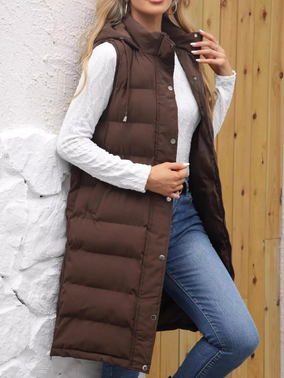 Full Size Snap Down Hooded Padded Longline Vest Coat Plus Size | STAHlin RADIANCE