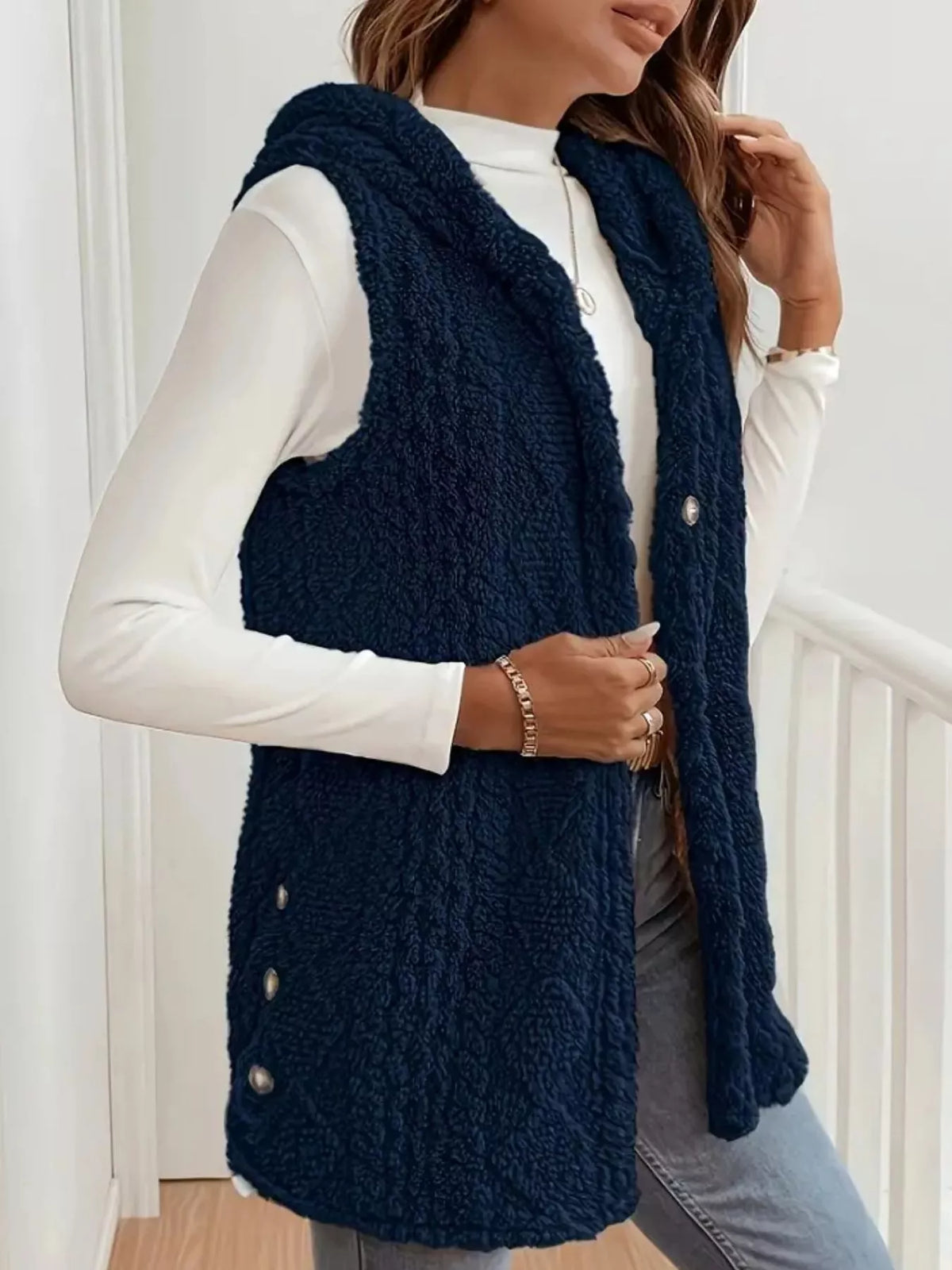 Hooded Button-Up Sherpa Vest Coat | STAHlin RADIANCE