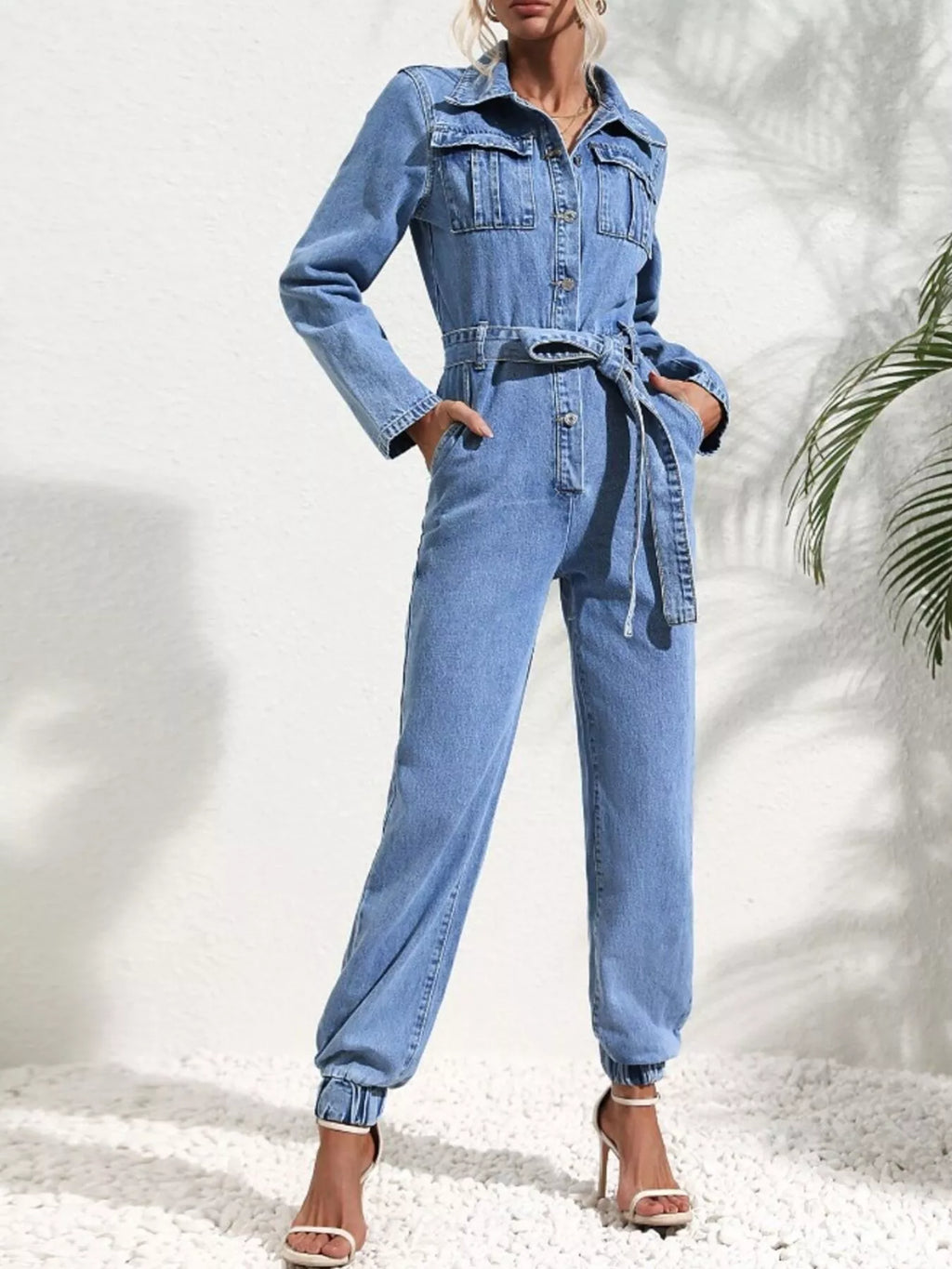 Long Sleeve Button-Up Denim Jumpsuit with Belted Waist and Elastic Cuffs | STAHlin RADIANCE