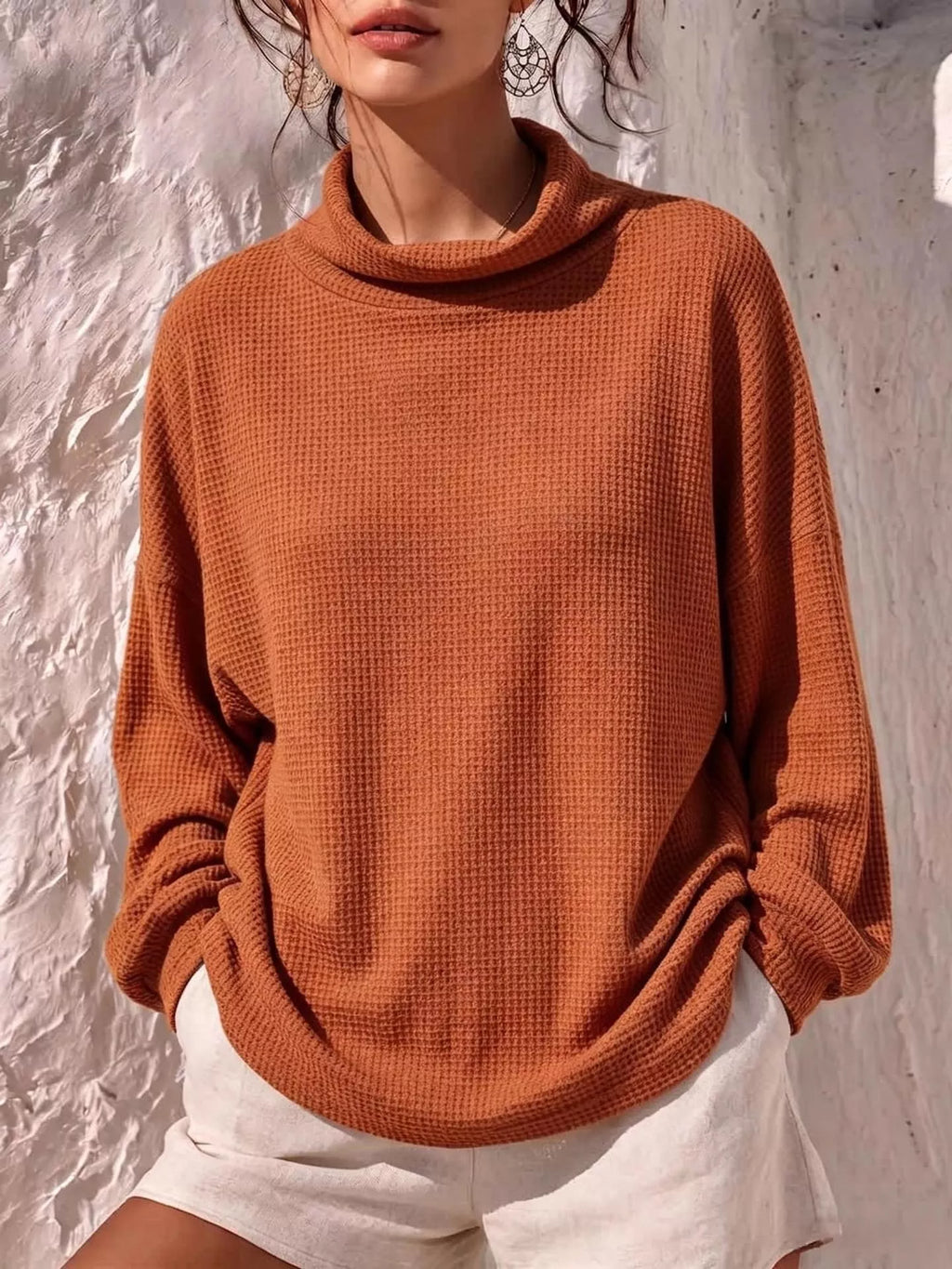 Full Size Waffle Knit Mock Neck Long Sleeve T-Shirt Plus Size | STAHlin RADIANCE