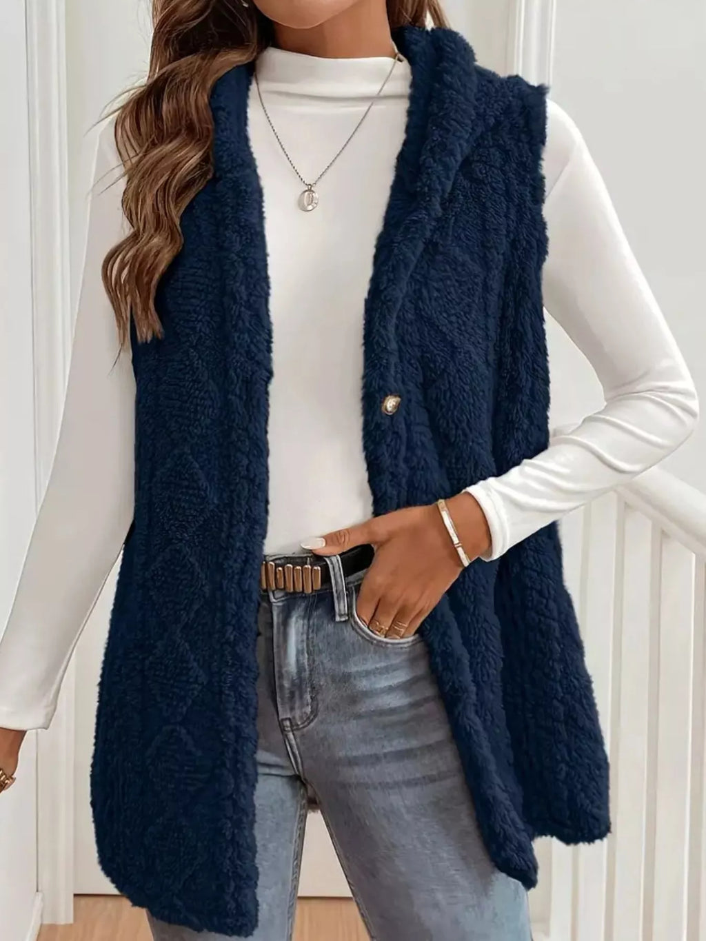 Hooded Button-Up Sherpa Vest Coat | STAHlin RADIANCE