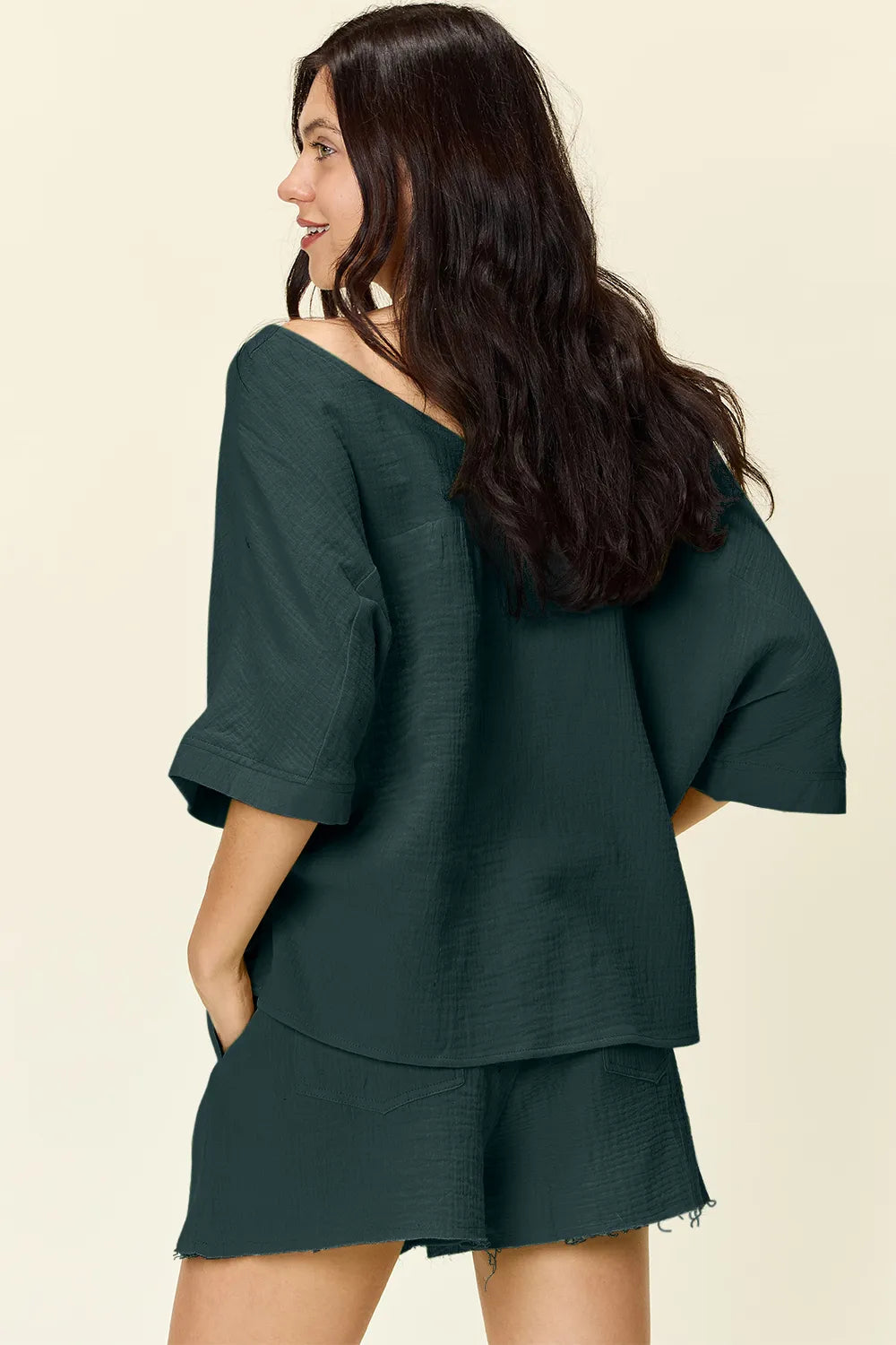 Double Take Texture Half Sleeve T-Shirt and Drawstring Shorts Set | STAHlin RADIANCE