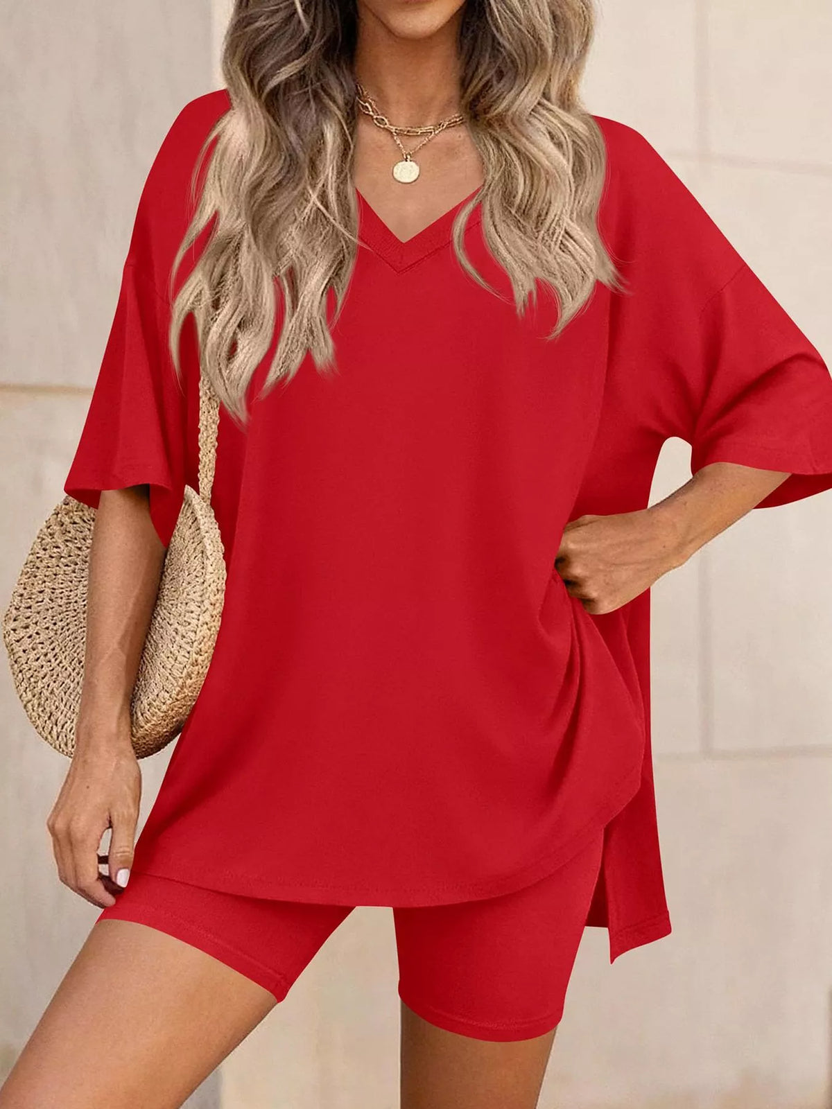 Full Size Casual Loose V-Neck T-Shirt & Shorts Set Plus Size | STAHlin RADIANCE