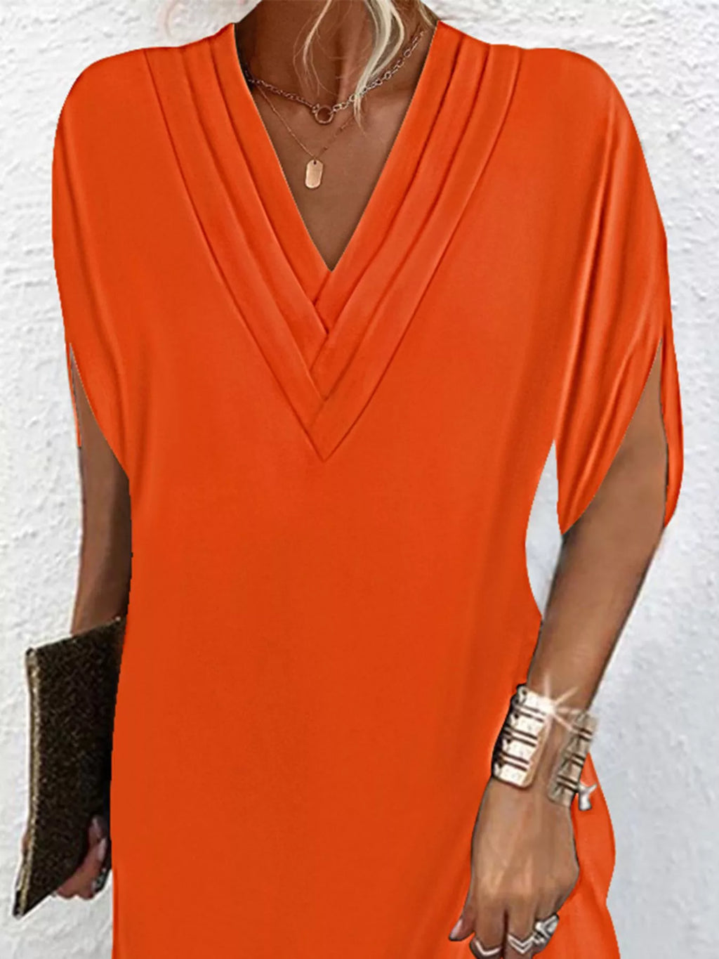 Full Size V-Neck Slit Sleeve Mini Dress Plus Size | STAHlin RADIANCE