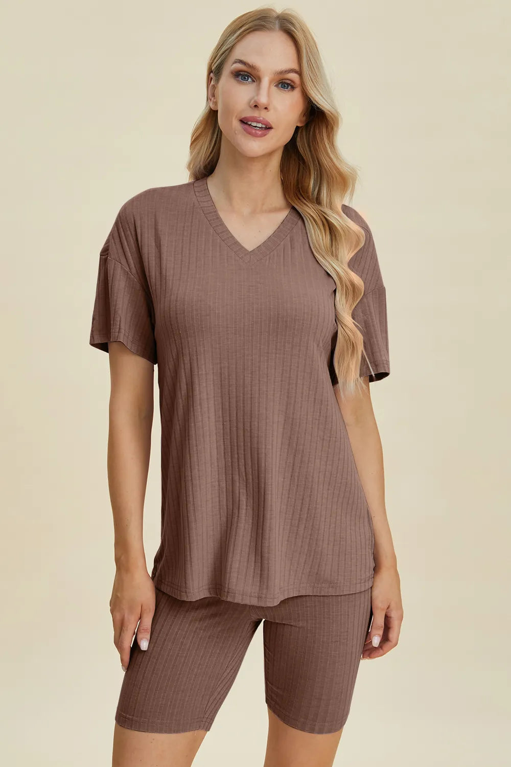 Basic Bae Full Size Ribbed V-Neck Short Sleeve Top and Shorts Set | STAHlin RADIANCE