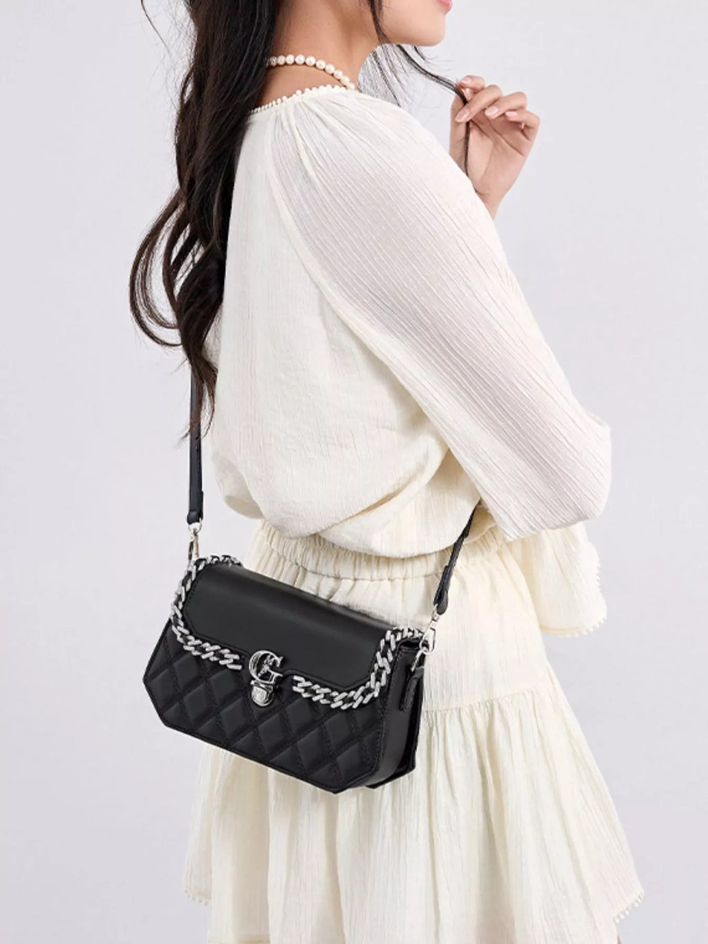 Quilted PU Leather Crossbody Bag with Rhinestone Decor | STAHlin RADIANCE