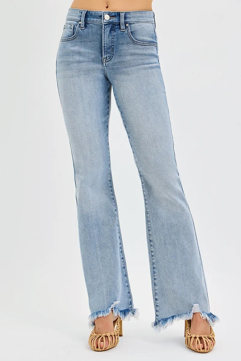 RISEN Full Size Tummy Control Mid Rise Flare Jeans with Fray Hem Detailed Plus Size | STAHlin RADIANCE