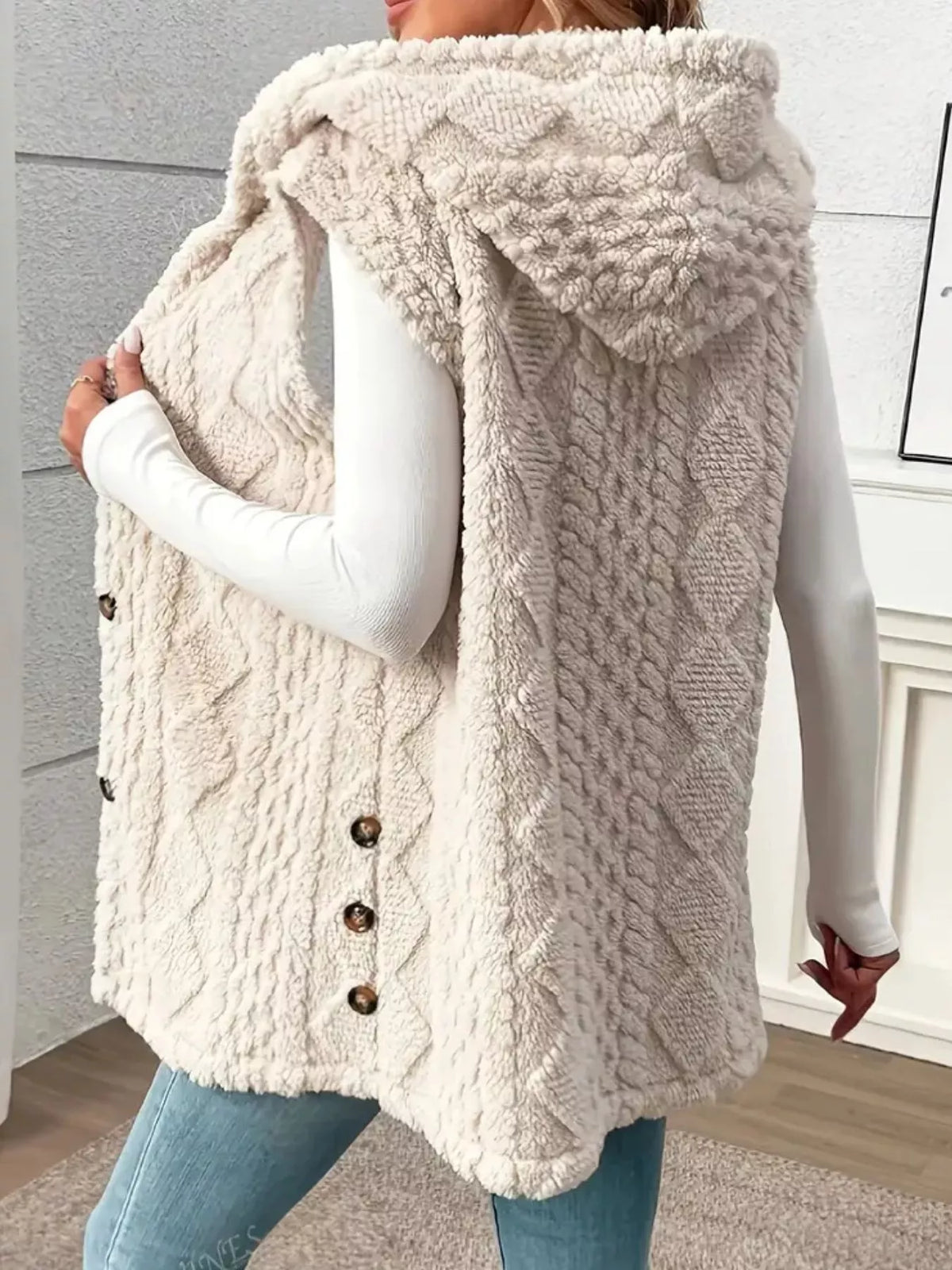 Hooded Button-Up Sherpa Vest Coat | STAHlin RADIANCE