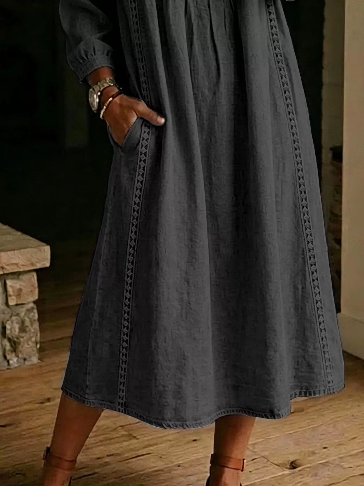 Full Size Lace Trim Long Sleeve Midi Dress Plus Size | STAHlin RADIANCE