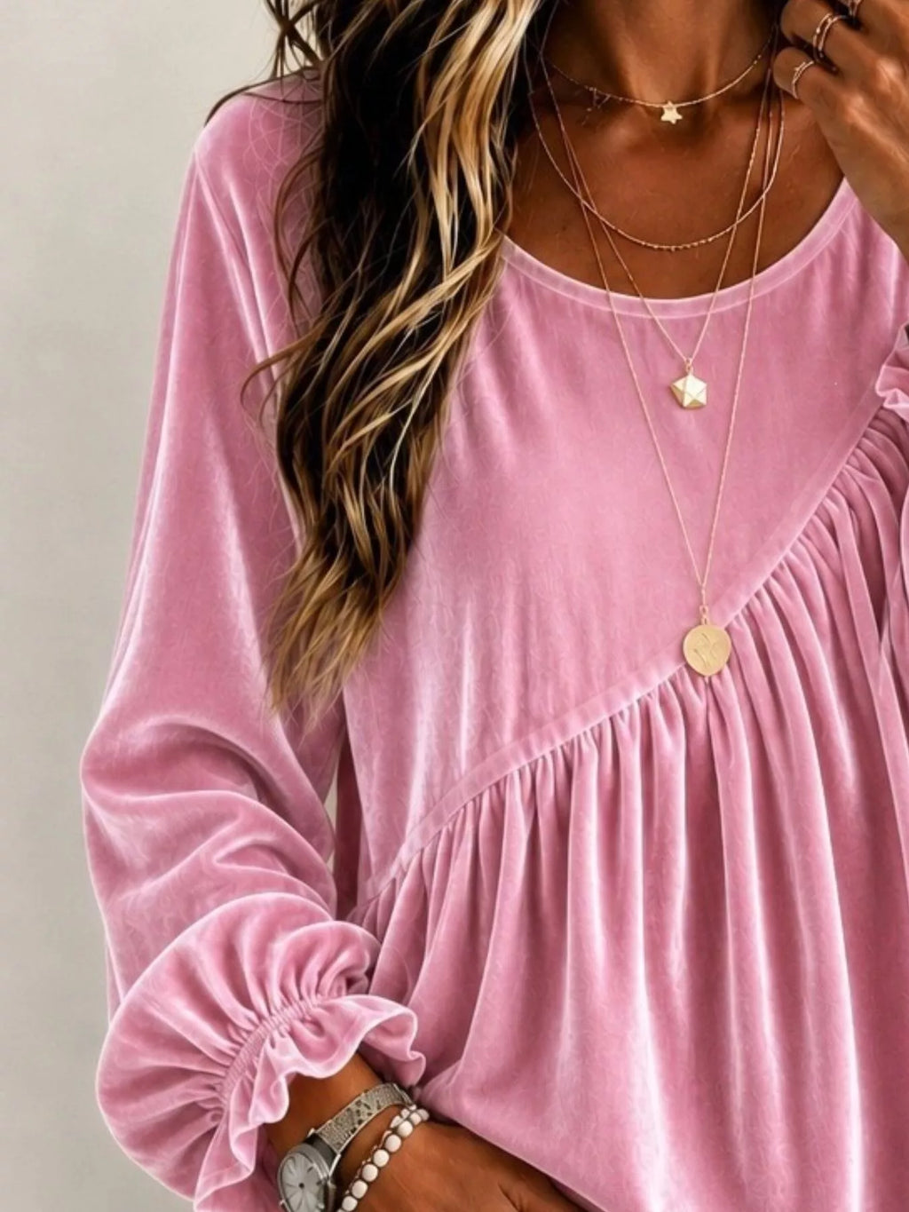 Full Size Velvet Round Neck Long Sleeve Blouse Plus Size | STAHlin RADIANCE