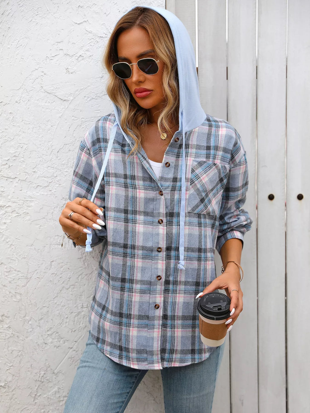 Plaid Button-Up Hooded Shirt with Chest Pocket | STAHlin RADIANCE